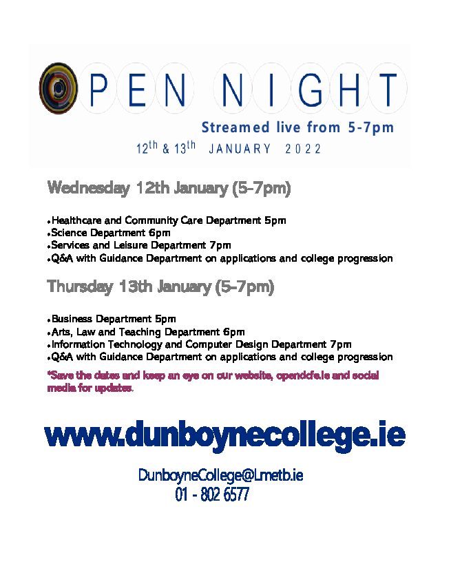 Dunboyne College Online Open Evenings with Live Q&A Sessions