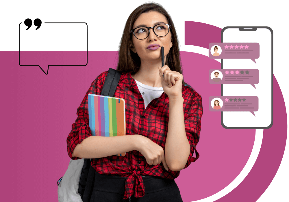 female student thinking with pen at her mouth and notepad in her hands